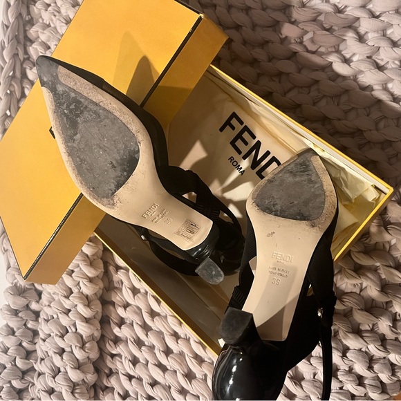 Fendi Colibrì — Black leather and mesh slingbacks medium heel. AUTHENTIC FENDI - Picture 1 of 13